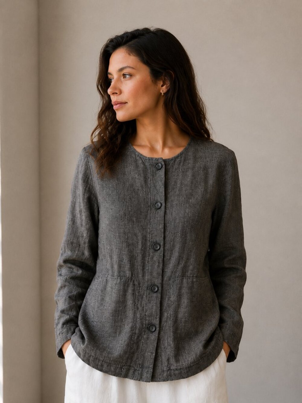 Tamotsu New York 100% Linen Shirt Jacket Gray Women Size 6 Button Front USA